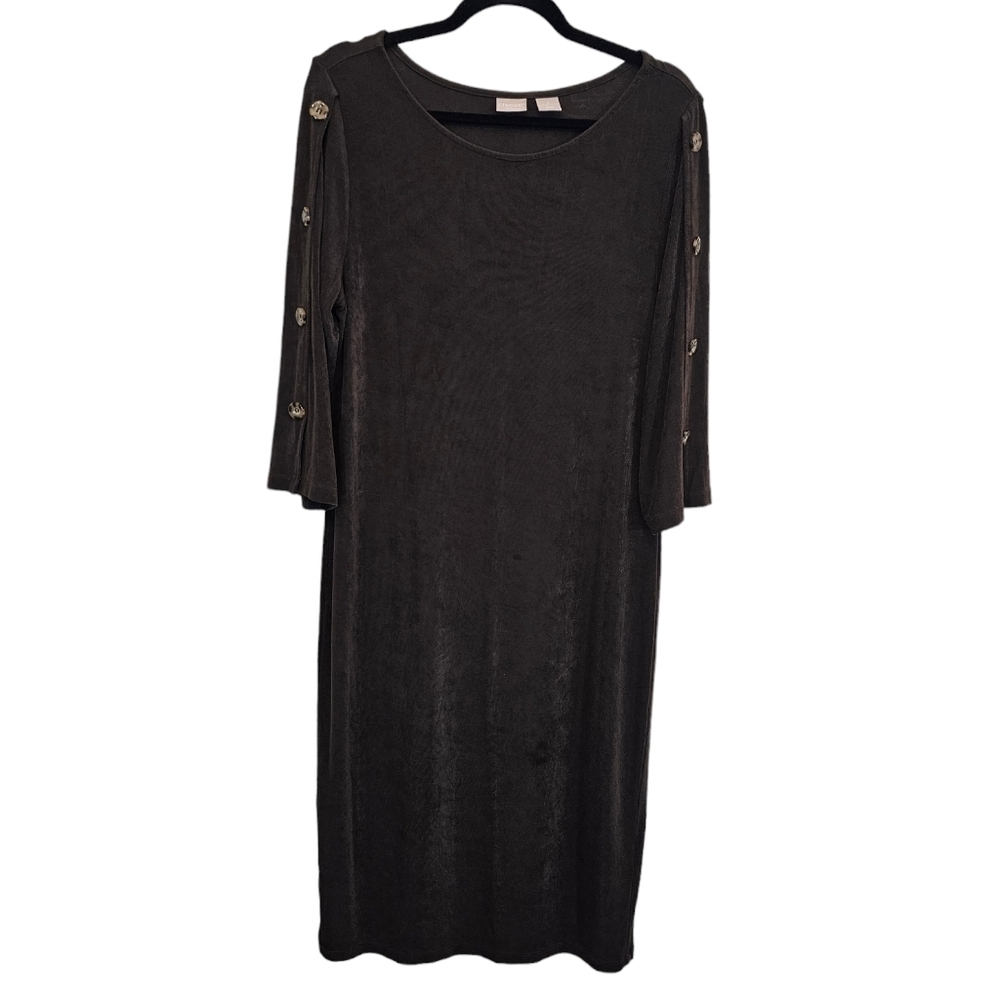 Chico's Traveler Size 2 Large Acetate Slinky Stretchy Brown Midi Dress